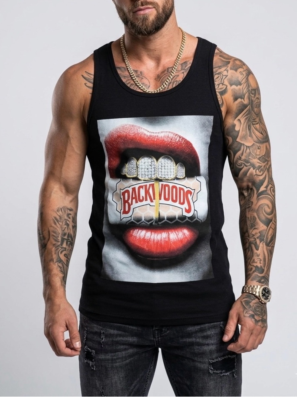 Zuni Tank Top – Size XL – Black – Backwoods Graphic with Lips and Grillz